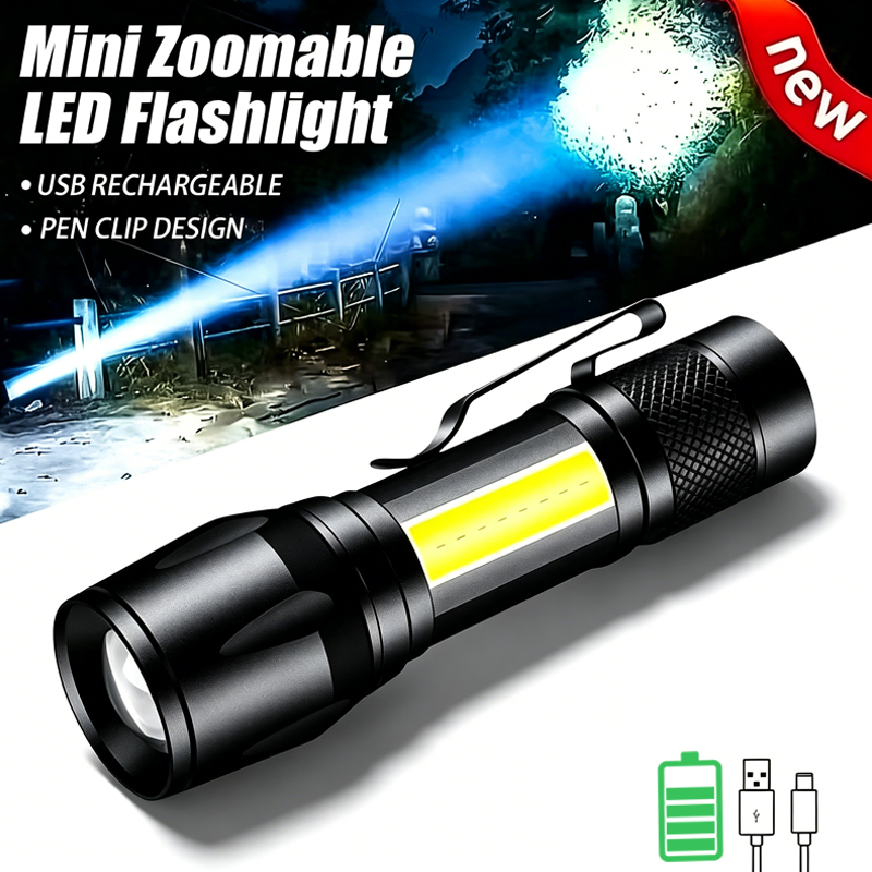 Outdoor Lighting Black - Mini LED-zaklamp COB+XPE Draagbare zaklamp USB-opladen